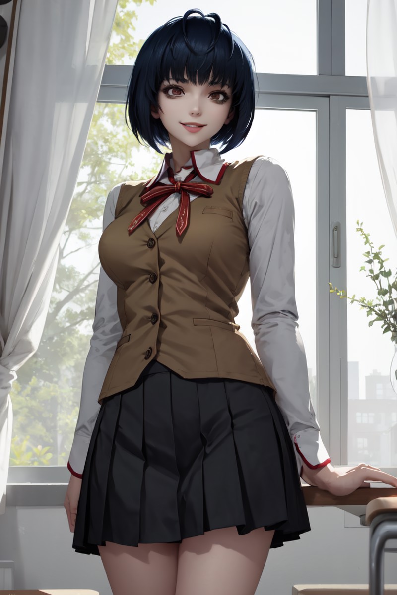 masterpiece, best quality, absurdres, perfect anatomy, 1girl, solo, Tae Takemi, short hair, indoors, school, large breasts...